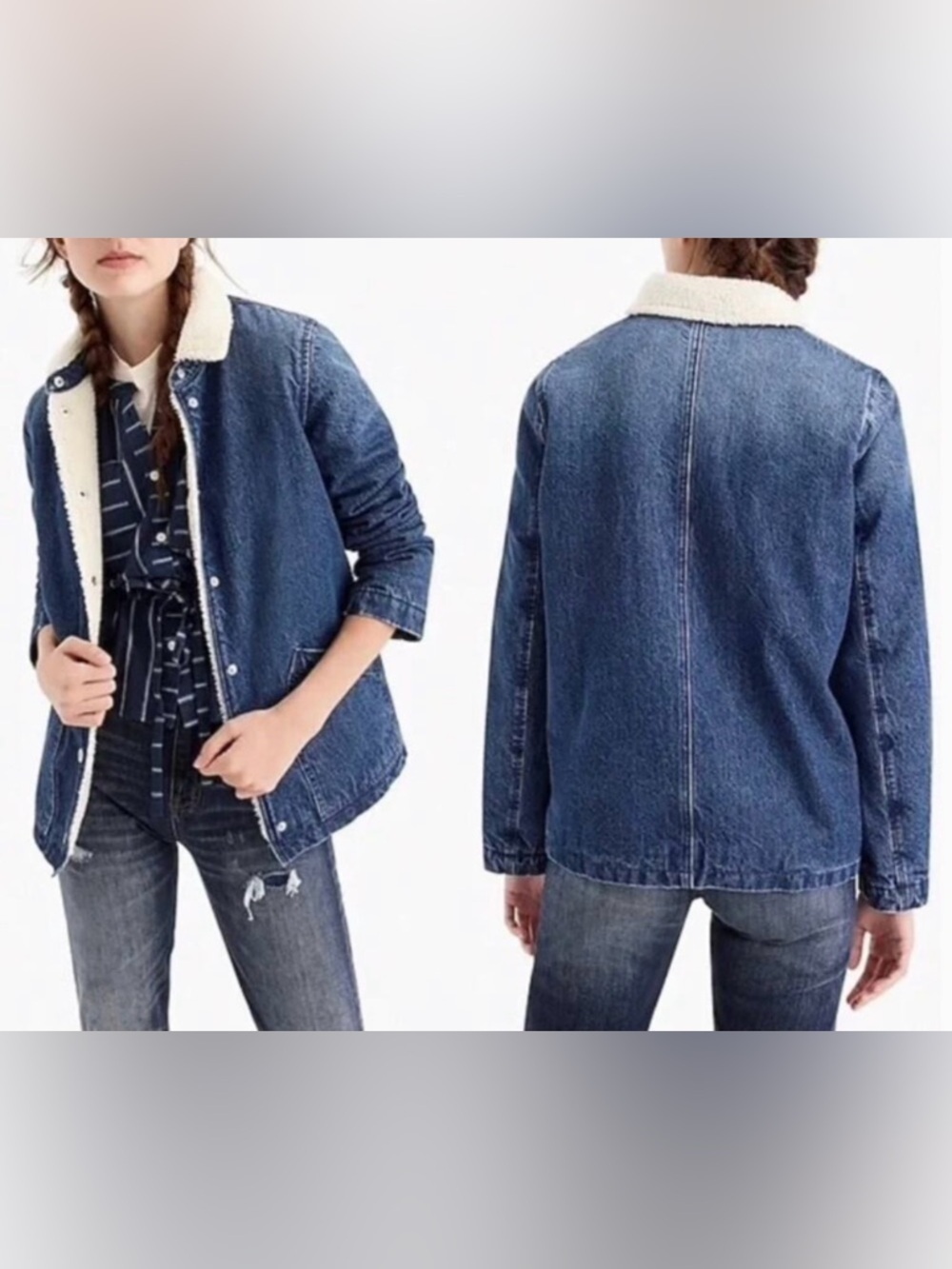 J. Crew Dark Blue Denim Jacket with Cream Sherpa Collar - Picture 2 of 2